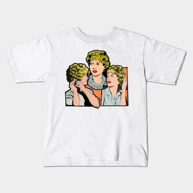 Curling her blond hair with curlers Kids T-Shirt by Marccelus